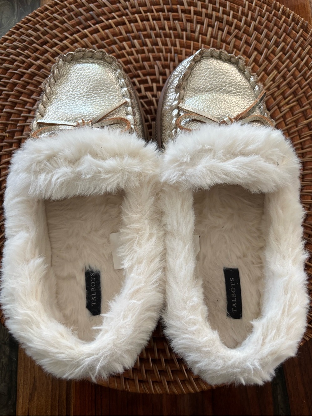 Talbots Metallic Gold Moccasin Slippers with Cream Faux-Fur Trim